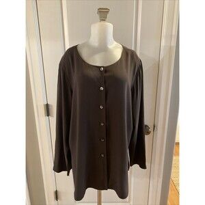 Eileen Fisher Silk L Brown Button‎ Shirt Jacket Lightweight Slits Sides